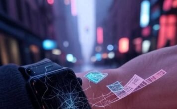 The Future Is Now: How Wearables Are Redefining Health Scratched smartwatch, holographic chart, rainy NYC, scattered tickets