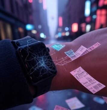 The Future Is Now: How Wearables Are Redefining Health Scratched smartwatch, holographic chart, rainy NYC, scattered tickets