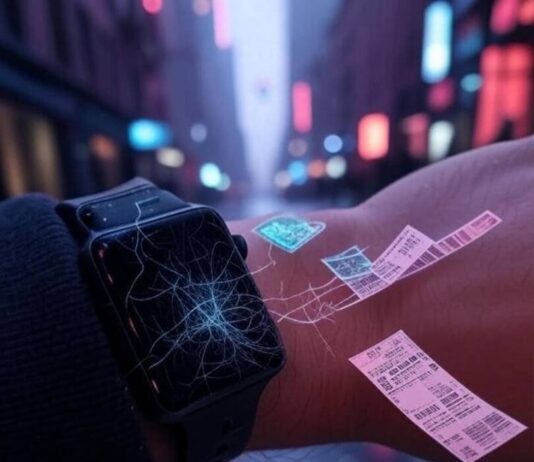 The Future Is Now: How Wearables Are Redefining Health Scratched smartwatch, holographic chart, rainy NYC, scattered tickets