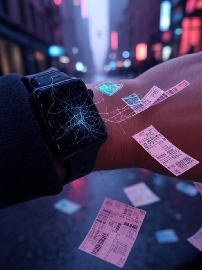 Scratched smartwatch, holographic chart, rainy NYC, scattered tickets