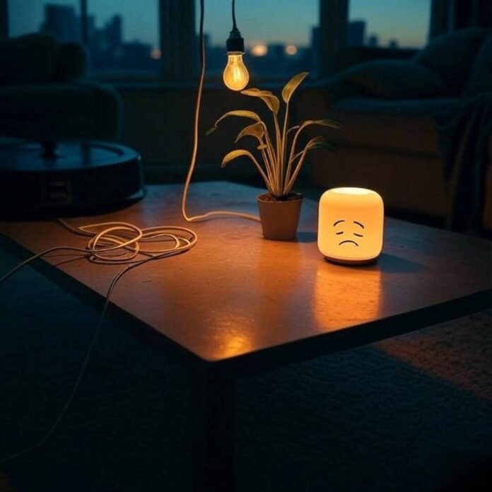 Messy Philly coffee table with glowing smart gadgets