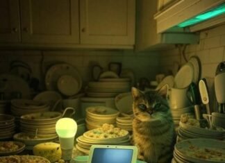 Which Smart Home System is Best in 2025? My Total Dumpster Fire of a Search Blurry kitchen counter with dishes, glowing tech, cat glaring