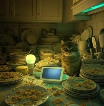 Which Smart Home System is Best in 2025? My Total Dumpster Fire of a Search Blurry kitchen counter with dishes, glowing tech, cat glaring
