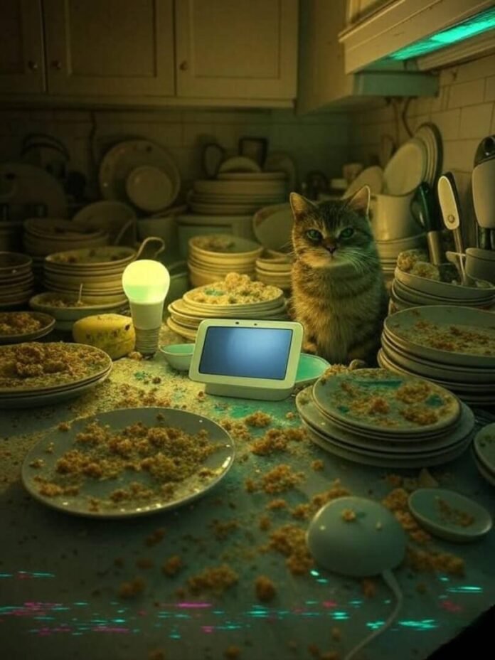 Blurry kitchen counter with dishes, glowing tech, cat glaring
