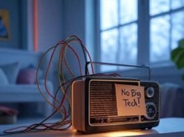 Smart Home Without Google or Amazon Cozy room with DIY hub, retro radio, robot protest