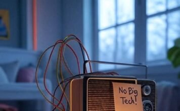 Smart Home Without Google or Amazon Cozy room with DIY hub, retro radio, robot protest