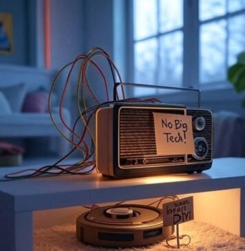 Smart Home Without Google or Amazon Cozy room with DIY hub, retro radio, robot protest