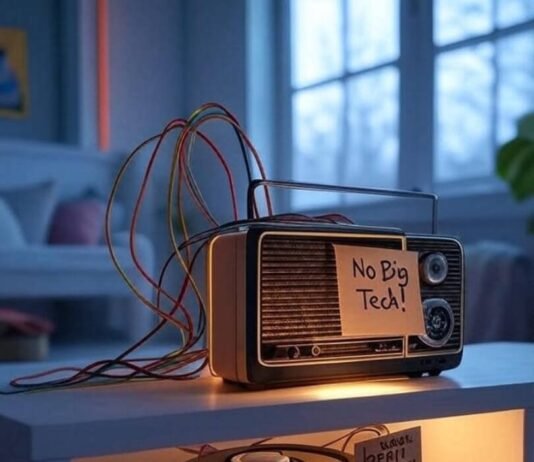 Smart Home Without Google or Amazon Cozy room with DIY hub, retro radio, robot protest