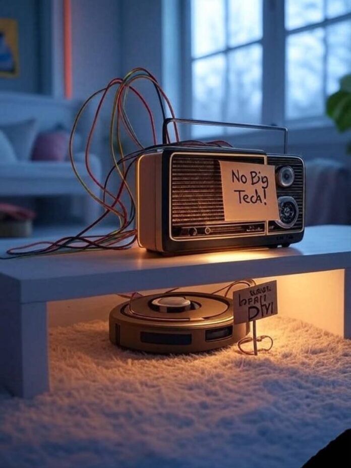 Cozy room with DIY hub, retro radio, robot protest