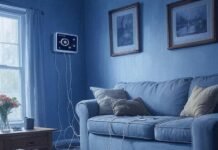 Smart Home Pros and Cons Cluttered living room with smart tech chaos, sock stuck