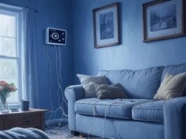 Smart Home Pros and Cons Cluttered living room with smart tech chaos, sock stuck