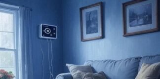 Smart Home Pros and Cons Cluttered living room with smart tech chaos, sock stuck