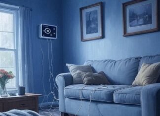 Smart Home Pros and Cons Cluttered living room with smart tech chaos, sock stuck