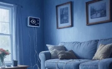 Smart Home Pros and Cons Cluttered living room with smart tech chaos, sock stuck