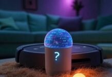 Smart Homes and AI Smart speaker, robot vacuum, bulb with question-mark shadow