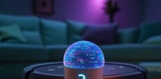 Smart Homes and AI Smart speaker, robot vacuum, bulb with question-mark shadow