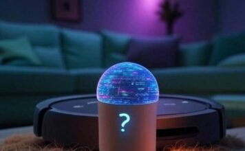 Smart Homes and AI Smart speaker, robot vacuum, bulb with question-mark shadow