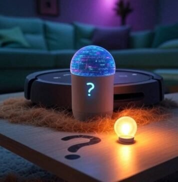 Smart Homes and AI Smart speaker, robot vacuum, bulb with question-mark shadow