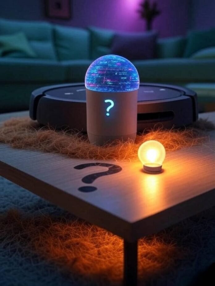 Smart speaker, robot vacuum, bulb with question-mark shadow