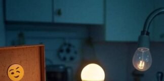 Smart Homes and IoT Integration Flickering smart bulb, tangled IoT cables, winking robot vacuum