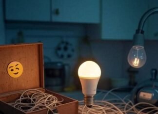 Smart Homes and IoT Integration Flickering smart bulb, tangled IoT cables, winking robot vacuum