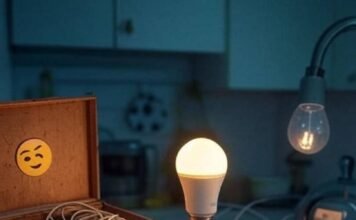 Smart Homes and IoT Integration Flickering smart bulb, tangled IoT cables, winking robot vacuum