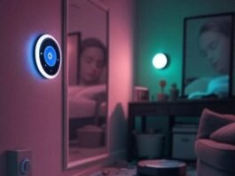 10 Genius Smart Home Gadgets That Will Change Your Life in 2025 Cluttered living room with smart thermostat, robot vacuum, spilled coffee, and smart mirror reflecting sleepy face, muted neon tones