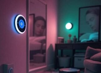 10 Genius Smart Home Gadgets That Will Change Your Life in 2025 Cluttered living room with smart thermostat, robot vacuum, spilled coffee, and smart mirror reflecting sleepy face, muted neon tones