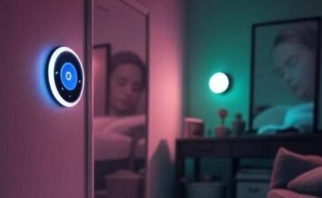 10 Genius Smart Home Gadgets That Will Change Your Life in 2025 Cluttered living room with smart thermostat, robot vacuum, spilled coffee, and smart mirror reflecting sleepy face, muted neon tones