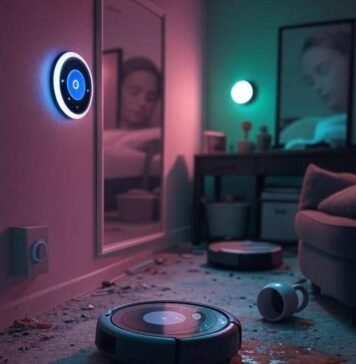 10 Genius Smart Home Gadgets That Will Change Your Life in 2025 Cluttered living room with smart thermostat, robot vacuum, spilled coffee, and smart mirror reflecting sleepy face, muted neon tones
