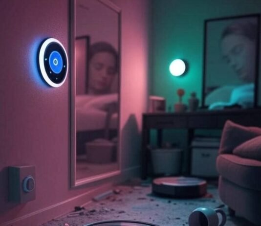 10 Genius Smart Home Gadgets That Will Change Your Life in 2025 Cluttered living room with smart thermostat, robot vacuum, spilled coffee, and smart mirror reflecting sleepy face, muted neon tones