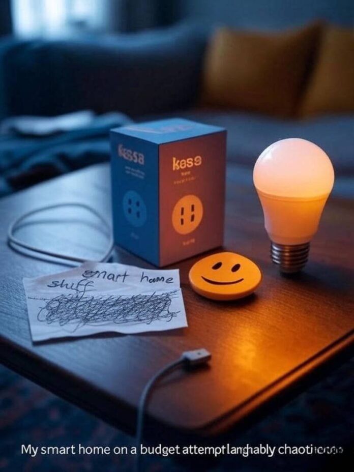Chaotic smart home setup with plug, bulb, receipt, smiley cable Chaotic smart home setup with plug, bulb, receipt, smiley cable