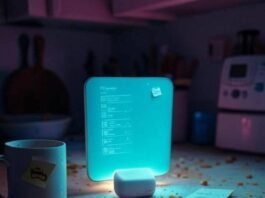 The Future of Smart Homes: 7 Trends That Will Dominate This Decade Messy kitchen counter with glowing smart hub, hopeful tech vibe