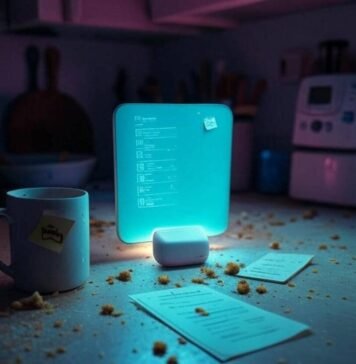 The Future of Smart Homes: 7 Trends That Will Dominate This Decade Messy kitchen counter with glowing smart hub, hopeful tech vibe