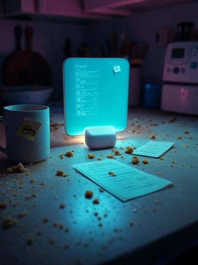 Messy kitchen counter with glowing smart hub, hopeful tech vibe