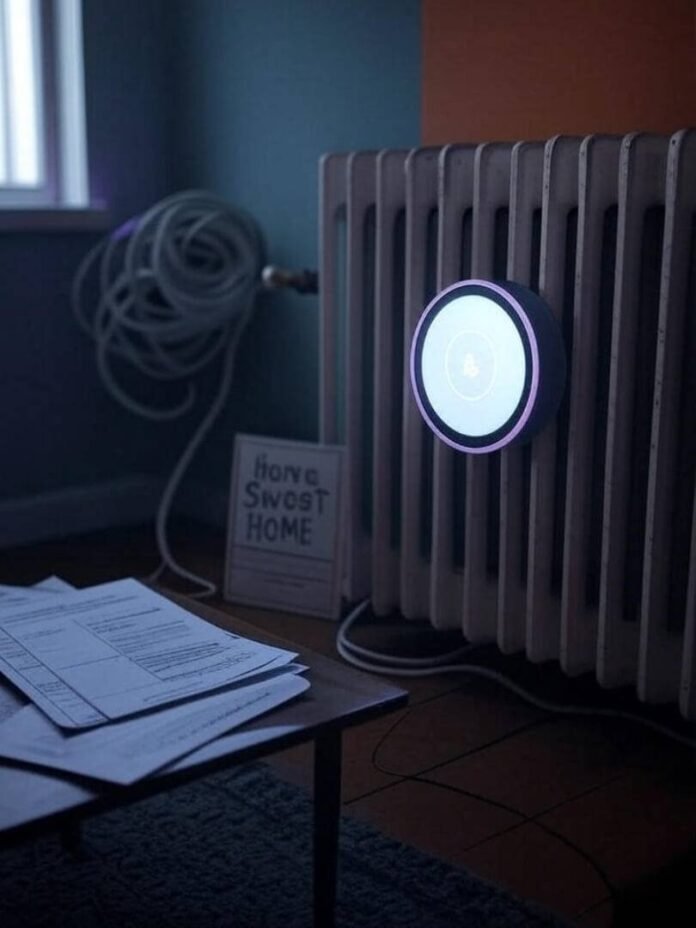Smart thermostat glows by rusty radiator, bills spill, quirky sign Smart thermostat glows by rusty radiator, bills spill, quirky sign