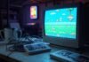 Video Games Retro Gaming Blurry basement desk with CRT, NES, mug, arcade sign glow
