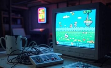 Video Games Retro Gaming Blurry basement desk with CRT, NES, mug, arcade sign glow