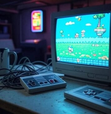 Video Games Retro Gaming Blurry basement desk with CRT, NES, mug, arcade sign glow
