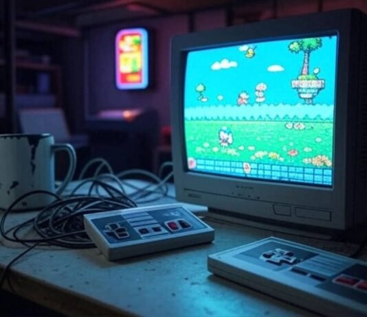 Video Games Retro Gaming Blurry basement desk with CRT, NES, mug, arcade sign glow