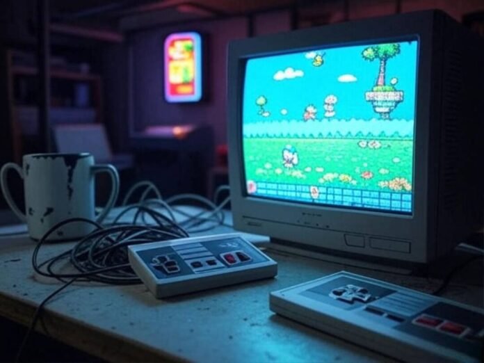 Blurry basement desk with CRT, NES, mug, arcade sign glow