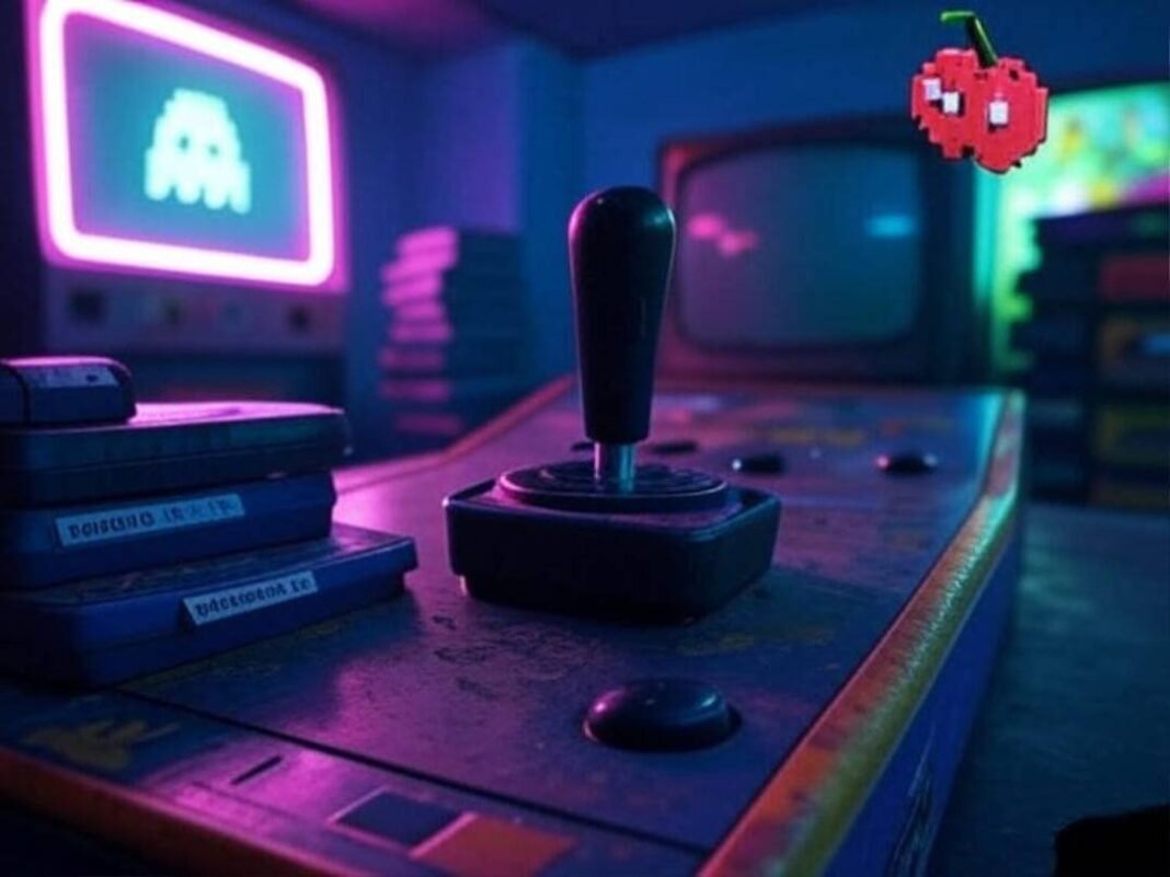 Retro arcade setup with joystick, cartridges, CRT TV, and pixelated cherry under neon lights