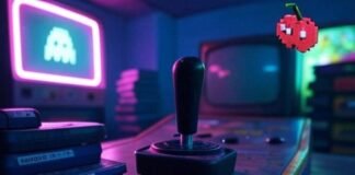 Retro Arcade Game Console Games List Retro arcade setup with joystick, cartridges, CRT TV, and pixelated cherry under neon lights