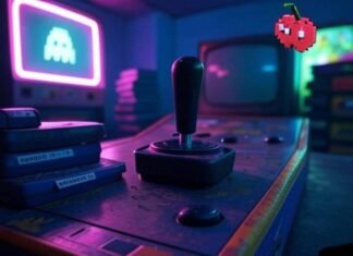 Retro Arcade Game Console Games List Retro arcade setup with joystick, cartridges, CRT TV, and pixelated cherry under neon lights