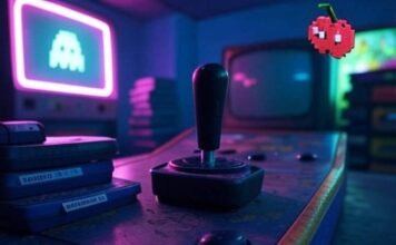 Retro Arcade Game Console Games List Retro arcade setup with joystick, cartridges, CRT TV, and pixelated cherry under neon lights