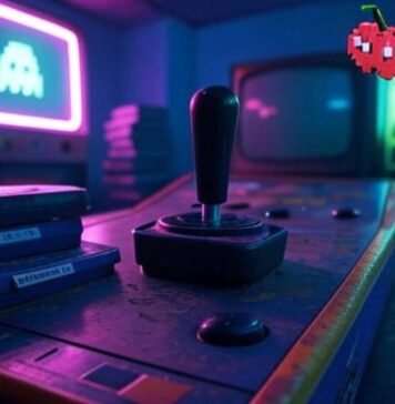 Retro Arcade Game Console Games List Retro arcade setup with joystick, cartridges, CRT TV, and pixelated cherry under neon lights