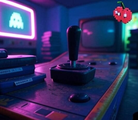 Retro Arcade Game Console Games List Retro arcade setup with joystick, cartridges, CRT TV, and pixelated cherry under neon lights