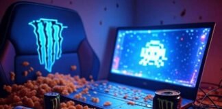 Best Gaming Laptops Gaming laptop, Cheetos, Monster can, RGB lights, 8-bit invader on chaotic desk