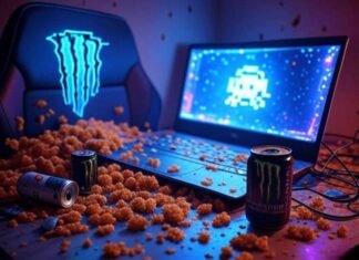 Best Gaming Laptops Gaming laptop, Cheetos, Monster can, RGB lights, 8-bit invader on chaotic desk