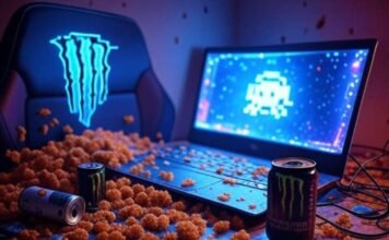 Best Gaming Laptops Gaming laptop, Cheetos, Monster can, RGB lights, 8-bit invader on chaotic desk